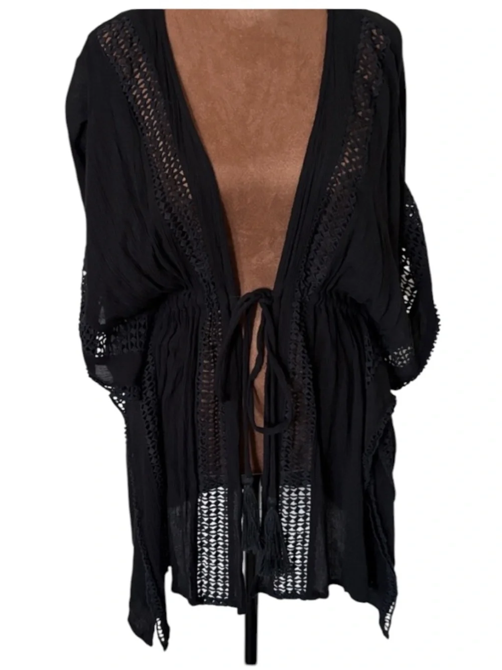 Elan Black Crochet Trim Beach Cover Up Kimono Boho Flowy Tunic Tassel Tie Small